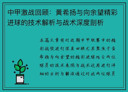 中甲激战回顾：黄希扬与向余望精彩进球的技术解析与战术深度剖析